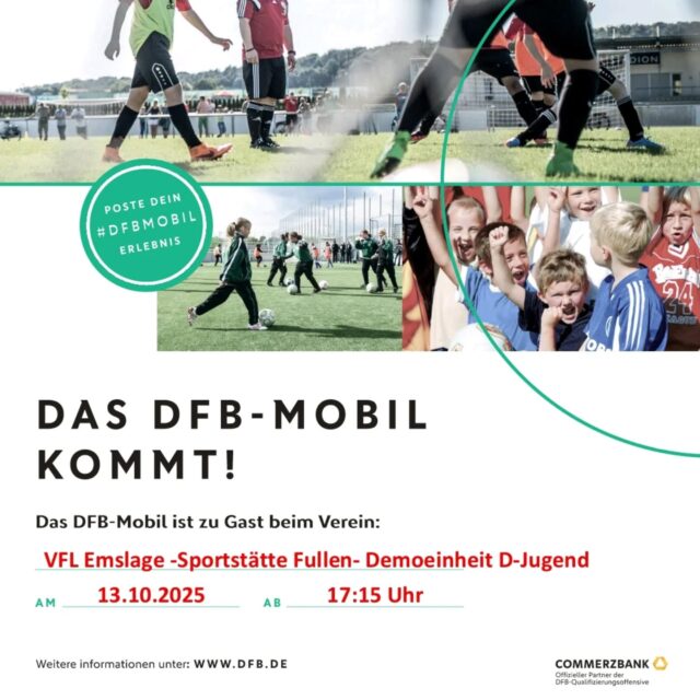 Wir laden alle interessierten Trainerinnen und Trainer herzlich ein, an der Demoeinheit der D-Jugend und dem anschließenden Austausch teilzunehmen.
Wann, Wo? 13.10.2025 ab 17.15 Uhr, VfL Emslage Sportstätte Gr. Fullen
Programm: „Trainingsphilosophie Deutschland“ – Spielformen im Kinder-und Jugendfußball
Demoeinheit mit Spielern der D1, D2 und D3 des VfL Emslage
Hinweis für Lizenzinhaber: Der Besuch wird zur Verlängerung der C-Lizenz mit 3 LE anerkannt. Bitte 
bring die Testathefte mit.
Wir freuen uns auf eine zahlreiche Teilnahme und einen interessanten Austausch!
Sportliche Grüße
Euer VfL Emslage