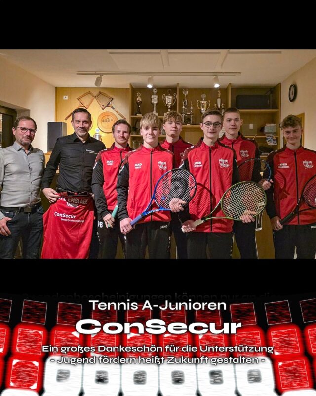 🏅🤝 Sponsoring - Neue Trainingsanzüge für unsere Tennis A-Junioren
Mit großer Freude nahm vor einigen Tagen unsere A-Junioren-Mannschaft die von der Firma ConSecur gesponserten Trainingsanzüge entgegen.
Für ConSecur ist dieses Sponsoring weit mehr als eine materielle Unterstützung – es ist ein bewusstes Engagement für den regionalen Sport und die Menschen, die ihn mit Leidenschaft ausüben.
Die neuen Anzüge sorgen nicht nur für einen einheitlichen und professionellen Auftritt, sondern stärken auch den Teamgeist und das Zusammengehörigkeitsgefühl innerhalb der Mannschaft.
Wir bedanken uns ganz herzlich im Namen der Tennisabteilung des VfL Emslage bei der Firma ConSecur für die Unterstützung unserer Tennisjugend und wünschen der Mannschaft viele erfolgreiche Spiele im neuen Outfit.
Text und Bild von Sebastian
Auch wir vom VfL sagen: Vielen Dank für euren Support, denn Jugend fördern heißt Zukunft gestalten.
(miru)