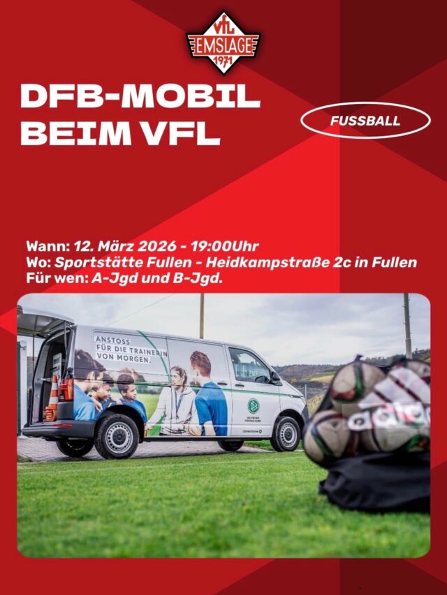 ⚽️FUSSBALL - DFB-Mobil beim VfL Emslage

Am 12.03.2026 um 19:00 Uhr kommt das DFB-Mobil für unsere A- und B-Jugend nach Emslage!

@jsg_unionmeppen_emslage_u19 
@jsg_unionmeppen_emslage_u17

📍
VfL Emslage
Sportstätte Fullen
Heidkampstraße 2c - Fullen

Erlebt eine spannende Demo- Trainingseinheit mit qualifizierten DFB-Trainern und bekommt wertvolle Tipps für modernes Jugendtraining.
Ideal für Trainer, Betreuer, Eltern und alle Fußballinteressierten!

Kommt vorbei, schaut zu und tauscht euch mit den Trainern aus.
Wir freuen uns auf euch!❤️🤍

(miru)

© VfL Emslage e.V. 1971 - Alle Rechte vorbehalten