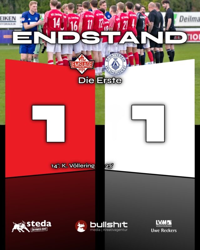 ⚽️FUSSBALL - Die Erste - Stark ersatzgeschwächt Punkt geholt!

Gestern trat unsere Erste @vfl_emslage_die_erste gegen den SV Veldhausen an und konnte trotz großer personeller Engpässe einen wichtigen Punkt sichern. In einer insgesamt ausgeglichenen Partie stand es nach 90 Minuten 1:1. Unser Treffer fiel bereits früh in der 14. Minute durch Kai Völlering, der einen nicht geklärten Ball im Netz des Gegners unterbringen konnte.

Von Beginn an war klar, dass es kein leichtes Spiel werden würde. Stark ersatzgeschwächt ging das Team in die Begegnung, auf der Bank saßen mit Dennis Bahns, Hendrik Eling und David Brink drei Spieler - kicken eigentlich in unserer U45 - die mit ihrer Unterstützung maßgeblich dazu beitrugen, den Punkt zu Hause zu behalten. Vielen Dank für euren Support!!

Aufgrund der Verletzung von Stammkeeper Henki aus dem letzten Spiel stand diesmal Torwarttrainer Michael Niemeyer zwischen den Pfosten. Er zeigte eine starke Leistung, bewahrte sein Team mit einer sehenswerten Parade in der ersten Halbzeit vor dem Rückstand und sorgte auch in der Schlussphase mit seinem Einsatz in der Box für Aufmerksamkeit. 😁

Am Ende steht eine geschlossene Teamleistung und ein verdienter Punktgewinn.

Der Blick richtet sich nun auf das nächste Spiel gegen die SG Freren. Die Rollen scheinen klar verteilt – doch genau darin liegt die Chance. Anstoß ist am SuperSonntag, den 12.04., um 17 Uhr an der Sportstätte Fullen. Kommt vorbei und unterstützt das Team!

(miru)

© VfL Emslage e.V. 1971 - Alle Rechte vorbehalten
