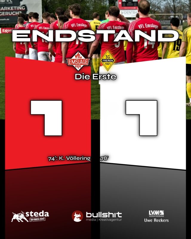 ⚽️FUSSBALL - Die Erste - Erneuter Punktgewinn

Den Abschluss zum Super Sonntag machte gestern unsere Erste @vfl_emslage_die_erste gegen die SG Freren. Als Tabellenvierter klarer Favorit des Spiels. Dennoch entwickelte sich eine Partie auf Augenhöhe mit dem am Ende etwas glücklicheren Ausgang für Freren.

Erneut stark ersatzgeschwächt startete das Team in die Begegnung. Keeper Henki fehlte weiterhin verletzungsbedingt. Für ihn stand Lukas Lakeberg zwischen den Pfosten. Ebenfalls neu dabei und direkt in der Startelf war auch Phillip „Phil“ Hermes, der die Defensive verstärkte. Außerdem standen Dennis Bahns wieder als Option von der Bank sowie Patrik Grote erstmals diese Saison im Kader der Ersten.

In der ersten Halbzeit zeigte sich Freren kaum bis gar nicht vor unserem Tor. Auch wir konnten unser Potential nicht in Zählbares ummünzen. 

In der zweiten Halbzeit kam Freren besser ins Spiel und tauchte nun häufiger in unserem Strafraum auf. Dennoch lagen die besseren Möglichkeiten auf unserer Seite. Mehrere Mal hatte man die Chance, in Führung zu gehen, was auch einmal gelang, aber vom Schiedsrichter als Abseitstor zurück gepfiffen wurde. In der 74. Minute war es dann endlich soweit: Nach einem Freistoß von Alexander Briegert, der den Ball an die Latte knallte, reagierte Kai Völlering am schnellsten und verwandelte den Abpraller zur verdienten Führung.

Doch die Antwort ließ nicht lange auf sich warten: Nur vier Minuten später nutzte Freren eine eigene Freistoßsituation zum 1:1-Ausgleich. In der Schlussphase drückte unser Team nochmal auf den Siegtreffer und hatte unter anderem durch Phil die hochkarätige Chance, das Spiel für sich zu entscheiden – doch auch hier traf man nur die Latte.

So blieb es beim 1:1-Unentschieden, auch wenn sich unsere Mannschaft aufgrund der Leistung durchaus drei Punkte verdient gehabt hätte. Besonders in der Schlussphase, da Freren ab der 75. Minute nur noch zu zehnt auf dem Platz war. Dennoch kann man einen Punkt in Emslage behalten und mit der gezeigten Leistung sehr zufrieden sein.

Weiter geht es ‪am Sonntag, den 19.04.2026 um 14Uhr‬, auswärts beim SV Bad Bentheim.

(miru)

© VfL Emslage e.V. 1971 - Alle Rechte vorbehalten
