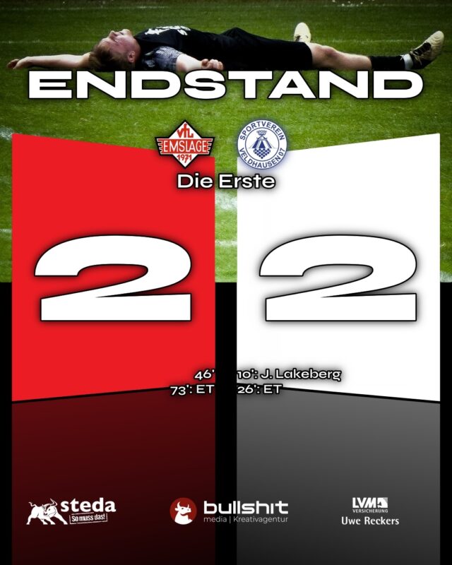 ⚽️ FUSSBALL – Die Erste – Kampfbetones Spiel endet 2:2

Nach 90 Minuten steht ein 2:2 unserer Ersten @vfl_emslage_die_erste zu Buche – ein Ergebnis, das nach einer starken ersten Halbzeit gegen den SV Veldhausen doch etwas enttäuschend wirkt. In der zweiten Hälfte gab es jedoch zwei entscheidende Aktionen, die das Unentschieden letztlich gerecht erscheinen lassen. Es war ein hart umkämpftes Spiel auf beiden Seiten. Für den Gegner aus Veldhausen geht es weiterhin noch um den Klassenerhalt, der noch möglich ist.

Nach den Worten zu den beiden vorangegangenen Spielen von Oliver Peters und Johannes Reckers lassen wir nun unserer Co-Kapitän Alexander Briegert zu Wort kommen.

Wie würdest du das heutige Spiel einordnen?
„Wir haben heute wieder alles gegeben. Die gesamte Mannschaft zeigte eine beeindruckende kämpferische Leistung. Natürlich wünschte man sich nach einer 2:0-Führung, die Kontrolle über das Spiel zu behalten, aber am Ende ging das Ergebnis so in Ordnung. Veldhausen spielte stark und führte harte, aber faire Zweikämpfe – und wir hielten heute sehr gut dagegen.“

Wie würdest du die Saison zusammenfassen?
„Auch in dieser Saison haben wir wieder einmal gezeigt, dass wir niemals aufgeben. Trotz schwieriger Voraussetzungen und einiger Rückschläge bleibt unser Teamgeist ungebrochen, und jeder auf dem Platz gibt alles. Es ist nicht zu spüren, dass wir bereits als Absteiger feststehen. Wir haben weiterhin Spaß am Fußball und kämpfen in jedem Spiel. So gehen wir auch die letzten beiden Partien an. Unser Ziel ist es, am Ende die rote Laterne noch an Neuenhaus abzugeben.“

Was erwartest du für die nächste Saison?
„Ich freue mich sehr auf die kommende Saison und auf all die jungen, talentierten Spieler, die uns verstärken werden. Dieses Jahr konnten wir leider nicht so viele Siege feiern – hoffentlich wird sich das im nächsten Jahr ändern. Dann macht Fußball wieder noch mehr Spaß!“

Das nächste Spiel findet erst am 28.05. um 19:30Uhr an der Sportstätte Fullen statt. Zu Gast ist der SV Langen. Das Hinspiel endete  6:4 für Langen. Kommt vorbei, unterstützt das Team beim letzten Heimspiel in Fullen.

(miru)

© VfL Emslage e.V. 1971 – Alle Rechte vorbehalten
