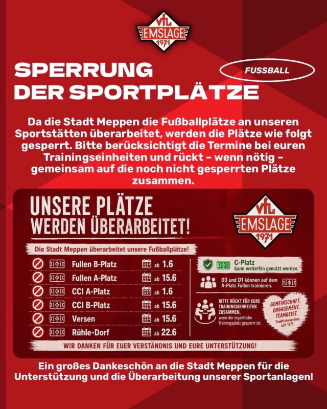 ⚽️FUSSBALL - Alle Mannschaften - Sperrung der Sportplätze

Die @stadtmeppen wird die Fußballplätze an unseren Sportstätten überarbeiten. Daher werden die Plätze wie folgt gesperrt. 

- Fullen
 - B-Platz ab 1.6
 - A-Platz ab 15.6
- Lohberg
 - A-Platz ab 1.6
 - B-Platz ab 15.6
- Versen
 - Ab 15.6
- Rühle
 - Ab 22.6
 
- Der C-Platz am Lohberg kann weiterhin genutzt werden.
- Die D3 und D1 können auf dem A-Platz Fullen trainieren. 

Bitte berücksichtigt die Termine bei euren Trainingseinheiten und rückt – wenn nötig – gemeinsam auf nicht gesperrte Plätze zusammen.
Ein großes Dankeschön an die Stadt Meppen für die Unterstützung und die Überarbeitung unserer Sportplätze!

(maru)

© VfL Emslage e.V. 1971 - Alle Rechte vorbehalten
