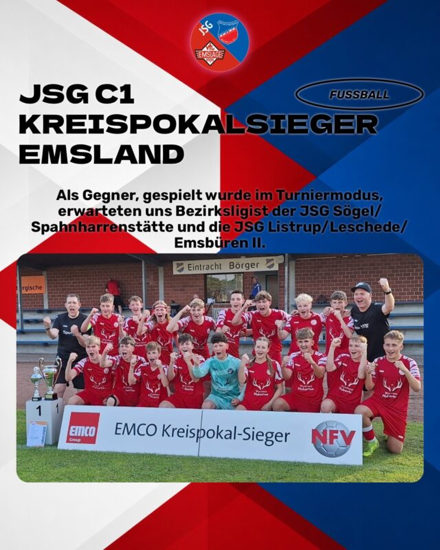 ⚽️FUSSBALL - JSG C1 - EMCO Kreispokalfinalsieger
Bei tropischen Temperaturen durfte unsere JSG C1 in Börger zum Finale des EMCO-Kreispokals antreten.
Als Gegner, gespeilt wurde im Turniermodus, erwarteten uns Bezirksligist der JSG Sögel/Spahnharrenstätte und die JSG Listrup/Leschede/Emsbüren II.
Es waren hart umkämpfte, aber faire Spiele, bei denen unsere Kicker der Hitze trotzten und mit vollem Einsatz und Kampfgeist die Spiele bestritten.
Mit einem 2:2 Unentschieden gegen die JSG aus Listrup/Leschede/Emsbüren II und einem 2:0 Sieg über die JSG Sögel/Spahnharrenstätte konnten wir uns den Finalsieg sichern und sind damit Kreispokalsieger Emsland in der Saison 2025/26.
Liebe JSG C1: Ihr habt in dieser Saison allen gezeigt, was mit harter Arbeit, Willen und Teamgeist möglich ist. Ihr habt bei Wind und Wetter trainiert, Rückschläge weggesteckt und immer weiter an euch gearbeitet und geglaubt. Das war eine unfassbare Teamleistung und macht noch einmal deutlich, dass nicht einzelne Spieler den Erfolg ausmachen, sondern der Zusammenhalt untereinander und das Einstehen für den anderen.
Als Trainer dieser JSG könnten wir nicht stolzer auf euch sein. Ihr habt es euch so verdient!
Natürlich auch einen Riesendank an die Vorstände, die Eltern und die Fans, die uns auf dem Weg begleitet und unterstützt haben.
In diesem Sinne: Herzlichen Glückwunsch dieser Mannschaft - you made it!
Tobias Klafki und Thomas Schleper
Text und Bilder von Tobias
Auch von uns die besten Glückwünsche zu diesem tollen Erfolg. Wir wünschen euch für die kommenden Spielzeiten weiterhin viel Erfolg, spannende Spiele und vor allem eine erholsame und wohlverdiente Sommerpause.
(miru)
© VfL Emslage e.V. 1971 - Alle Rechte vorbehalten