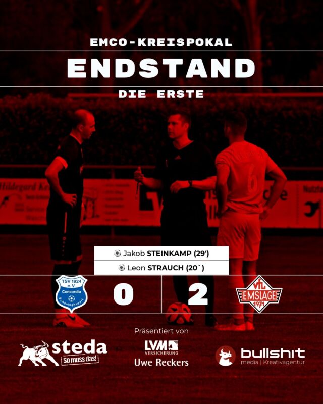⚽️FUSSBALL - Die Erste - Eine Runde weiter im Pokal
Gestern startete für unsere @vfl_emslage_die_erste die Saison 2026/2027 mit der ersten Runde im EMCO-Kreispokal. Nach zwei Halbzeiten, die kaum unterschiedlicher hätten verlaufen können, stand am Ende ein verdienter 2:0-Auswärtssieg.
Dieses Mal in COACHES’ CORNER Oliver Peters mit seinen Eindrücken zum Spiel.
Unser Torschützen
(20’) Leon STRAUCH drückte den Ball kurz vor der Torlinie über die Linie und brachte unsere Mannschaft mit 1:0 in Führung.
(29’) Jakob STEINKAMP knapp neun Minuten später mit dem Tor zum 2:0 Auswärtssieg, indem er den Ball am Torwart souverän vorbeischob.
Weiter geht es am 09. August an der Sportstätte Fullen gegen den SV Adler Messingen. Gleichzeitig der Startschuss für die Meisterschaft in der OPTI Wohnwelt Emslandliga.
(miru)
© VfL Emslage e.V. 1971 - Alle Rechte vorbehalten