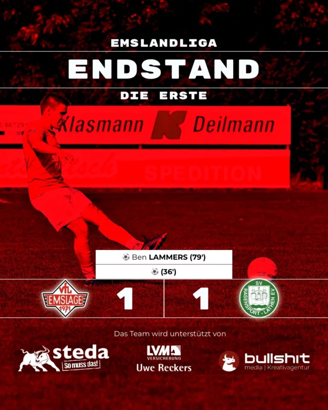 ⚽️ FUSSBALL - Die Erste - Punkt erkämpft

Nach der deutlichen Niederlage unserer @vfl_emslage_die_erste gegen Haren mit sechs Gegentoren zeigte unsere junge Mannschaft gegen Lathen eine starke Reaktion und belohnte sich mit einem verdienten 1:1.

Von Beginn an standen wir defensiv kompakt, ließen den Ball gut laufen und zeigten uns als geschlossene Einheit. Trotz des Rückstands durch die erste nennenswerte Offensivaktion der Gastgeber ließen wir uns nicht aus der Ruhe bringen. Auch nach der Pause übernahmen wir zunehmend die Kontrolle und drängten Lathen immer weiter in die eigene Hälfte.

Der verdiente Ausgleich fiel schließlich durch Ben Lammers, der einen direkten Freistoß sehenswert verwandelte. Vorausgegangen war ein starkes Dribbling von Rene Bruns, der nur durch ein Foul zu stoppen war. In der Schlussphase hatten wir sogar noch weitere gute Möglichkeiten, doch der Lathener Keeper hatte etwas dagegen. 

Oliver Peters zum Spiel
„Nach der hohen Niederlage gegen Haren war das eine gute Reaktion. Gerade bei einer jungen Mannschaft ist das alles andere als selbstverständlich. Wir haben defensiv sehr kompakt und sicher gestanden und den Ball gut laufen lassen.“
„In der zweiten Halbzeit waren wir noch dominanter und hatten viel Ballbesitz. Drei Punkte wären mit Sicherheit verdient gewesen. Aber wir müssen Step by Step gehen und uns das Spielglück weiter konstant erarbeiten. Wenn wir solche Leistungen öfter abrufen, wird auf Dauer mehr als ein Punkt dabei rumkommen.“

Alle Details vom Trainer im Bilderkarussell.

Weiter geht’s am 23.10. um 19:30 Uhr zu Hause an der Sportstätte Fullen!
Und das nächste Spiel bringt nicht nur sportlich Spannung mit sich: Der Trainer des VfL Herzlake dürfte dem einen oder anderen noch bekannt vorkommen. Schließlich hat Manuel Peters seine komplette Jugend und auch seine Zeit im Herrenbereich beim VfL Emslage verbracht, bevor es ihn auf die Trainerbank verschlagen hat.

Kommt vorbei und unterstützt das Team.

(miru)

© VfL Emslage e.V. 1971 - Alle Rechte vorbehalten

#VfL1971